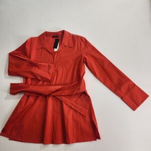 Natori Women's Collared Tunic Blouse Size S Cotton Poplin Tie Front Orange 01